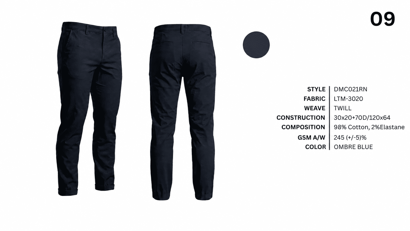 Ombre blue chino pants shown front and back with fabric specifications