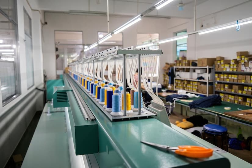 Industrial embroidery machine stitching a multicolor design