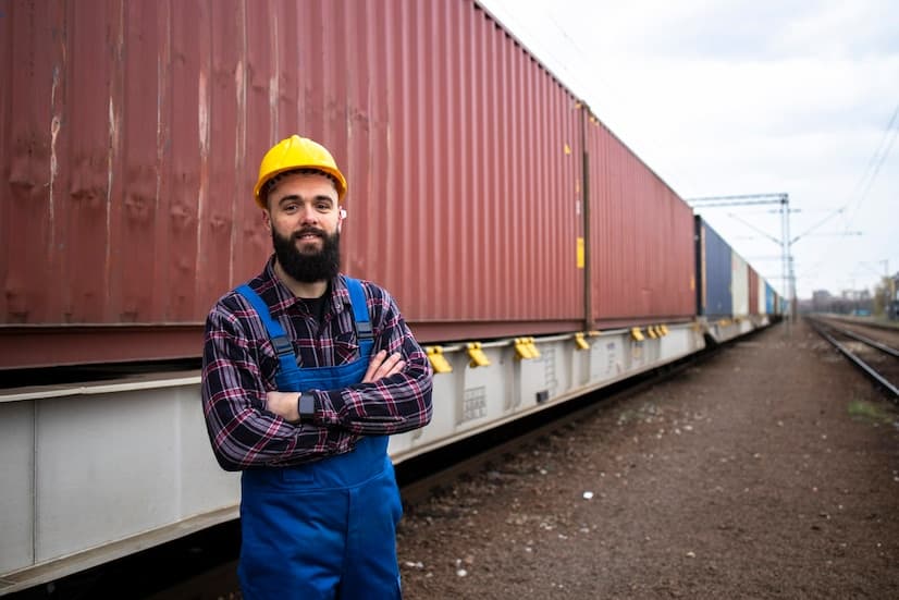 Freight worker standing beside shipping containers on a rail line